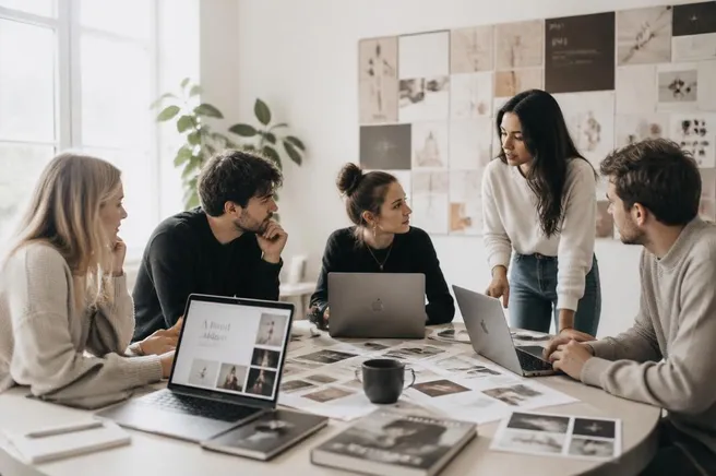Agency team reviewing creative work
