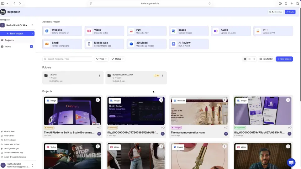 BugSmash dashboard showing project types and visual review projects